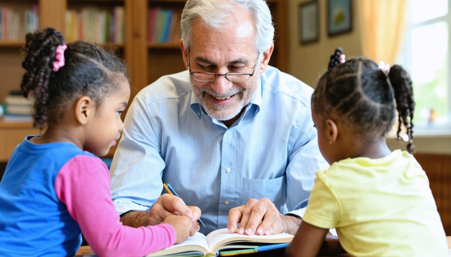 Elderly volunteer reading a storybook with engaged children in a classroom setting