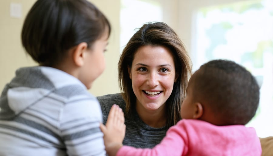 Parent smiling and engaging in friendly conversation with neighbor while child watches attentively