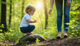 A young child climbing a boulder with a parent nearby in a vibrant forest setting, symbolizing the development of emotional resilience through nature.