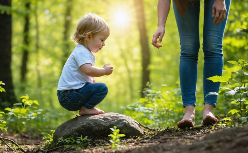 A young child climbing a boulder with a parent nearby in a vibrant forest setting, symbolizing the development of emotional resilience through nature.