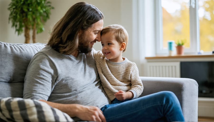 Parent listening attentively to their child in a comfortable home environment