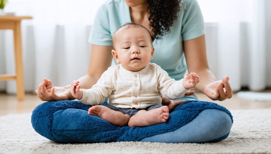 Parent in relaxed meditation pose next to sleeping baby's crib