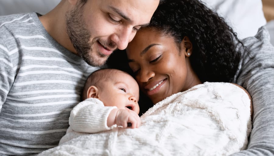 Two parents working together during nighttime baby care, one feeding while other rests