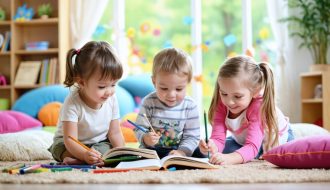 Creative and warm play space showcasing children engaged in reading, art, and quiet reflection, highlighting the connection between play and emotional growth.