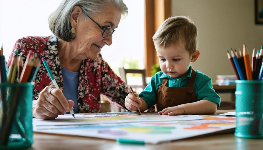 Elderly mentor guiding a child through a painting activity while both smile