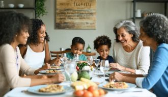 A diverse family seated around a dining table, sharing a meal and engaging in lively conversation without any digital devices present, symbolizing meaningful family communication.