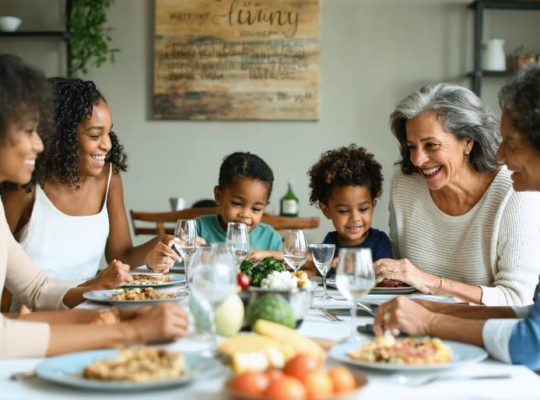 A diverse family seated around a dining table, sharing a meal and engaging in lively conversation without any digital devices present, symbolizing meaningful family communication.