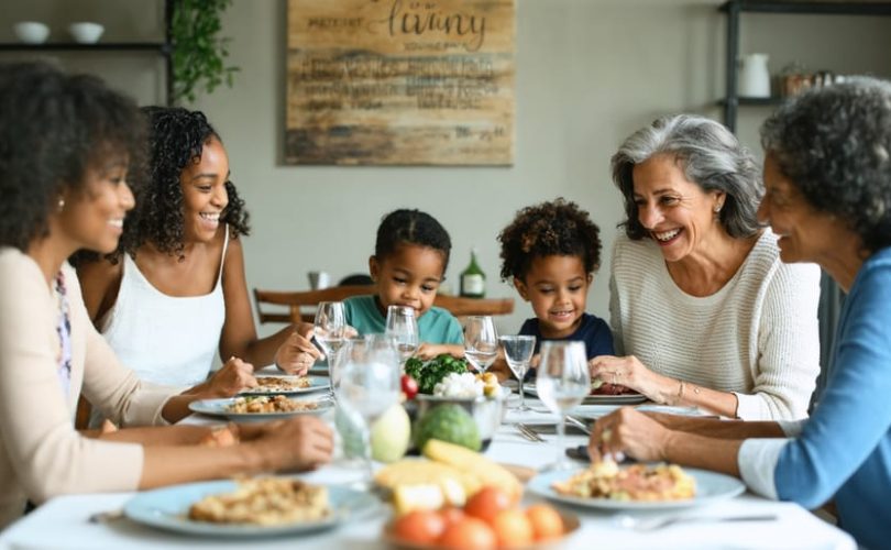 A diverse family seated around a dining table, sharing a meal and engaging in lively conversation without any digital devices present, symbolizing meaningful family communication.