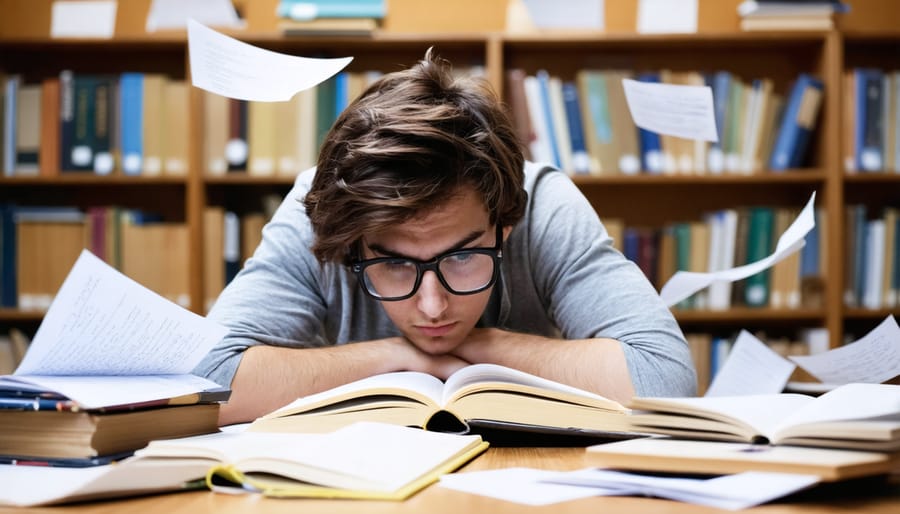 Overwhelmed student surrounded by study materials showing visible signs of stress