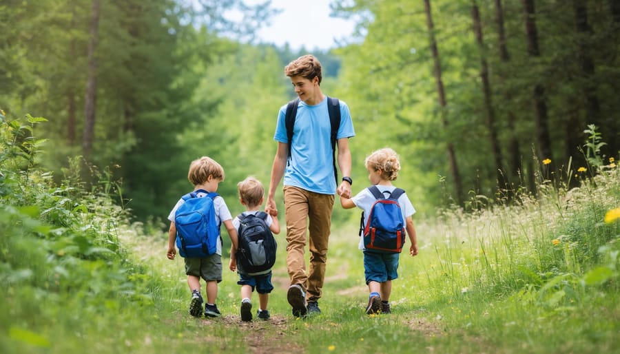 Teenage guide showing younger children how to read trail markers in the forest