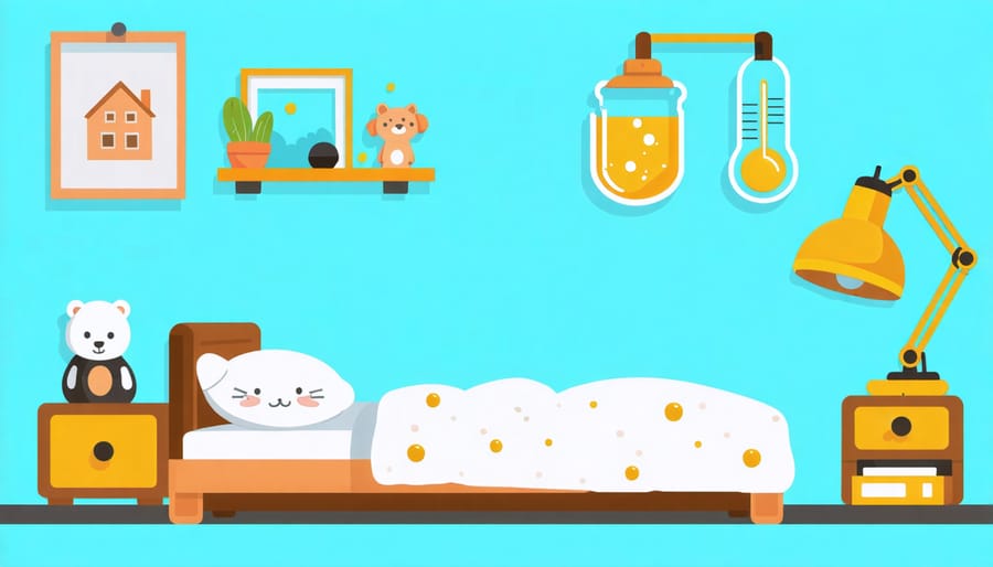 Illustrated diagram of sleep-friendly toddler bedroom showing optimal room features