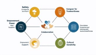 Conceptual diagram illustrating six trauma-informed principles: safety, trustworthiness, peer support, collaboration, empowerment, and cultural sensitivity, interconnected to highlight their synergy in caregiver support and trauma healing.