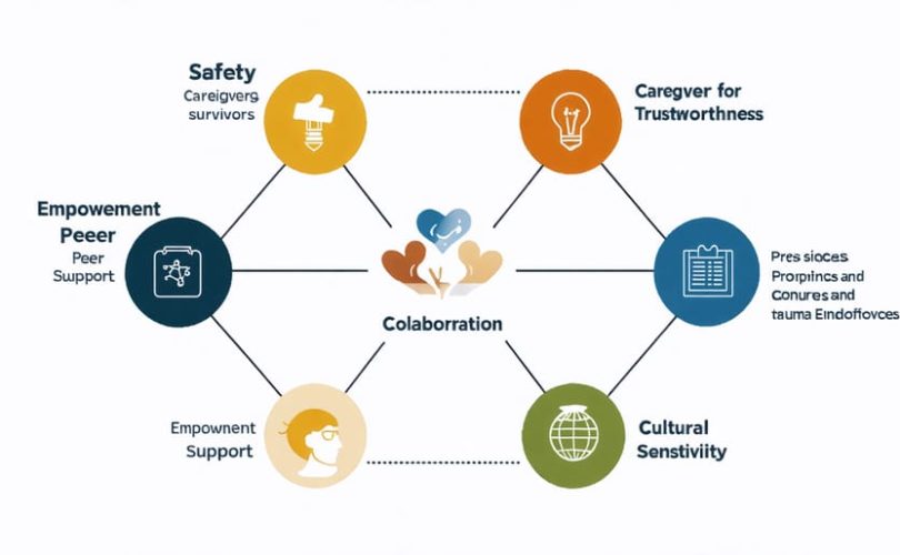 Conceptual diagram illustrating six trauma-informed principles: safety, trustworthiness, peer support, collaboration, empowerment, and cultural sensitivity, interconnected to highlight their synergy in caregiver support and trauma healing.