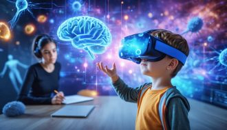 Child wearing a virtual reality headset in a classroom, exploring digital representations of brain neurons and emotions, guided by a teacher.