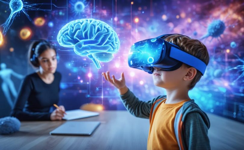 Child wearing a virtual reality headset in a classroom, exploring digital representations of brain neurons and emotions, guided by a teacher.