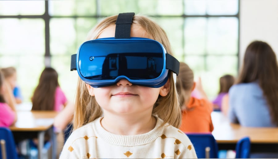 Young student exploring virtual reality with teacher guidance in educational environment