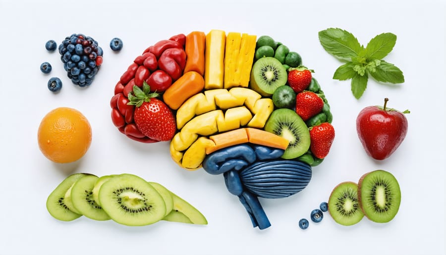 Brain-shaped arrangement of foods including salmon, nuts, berries, leafy greens, and whole grains