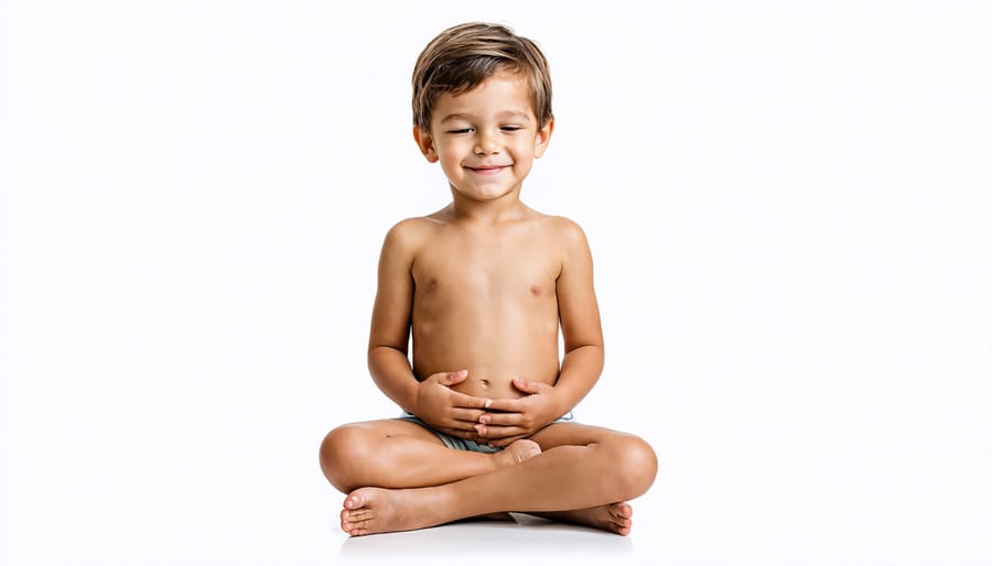 Young child practicing balloon belly breathing technique while sitting peacefully